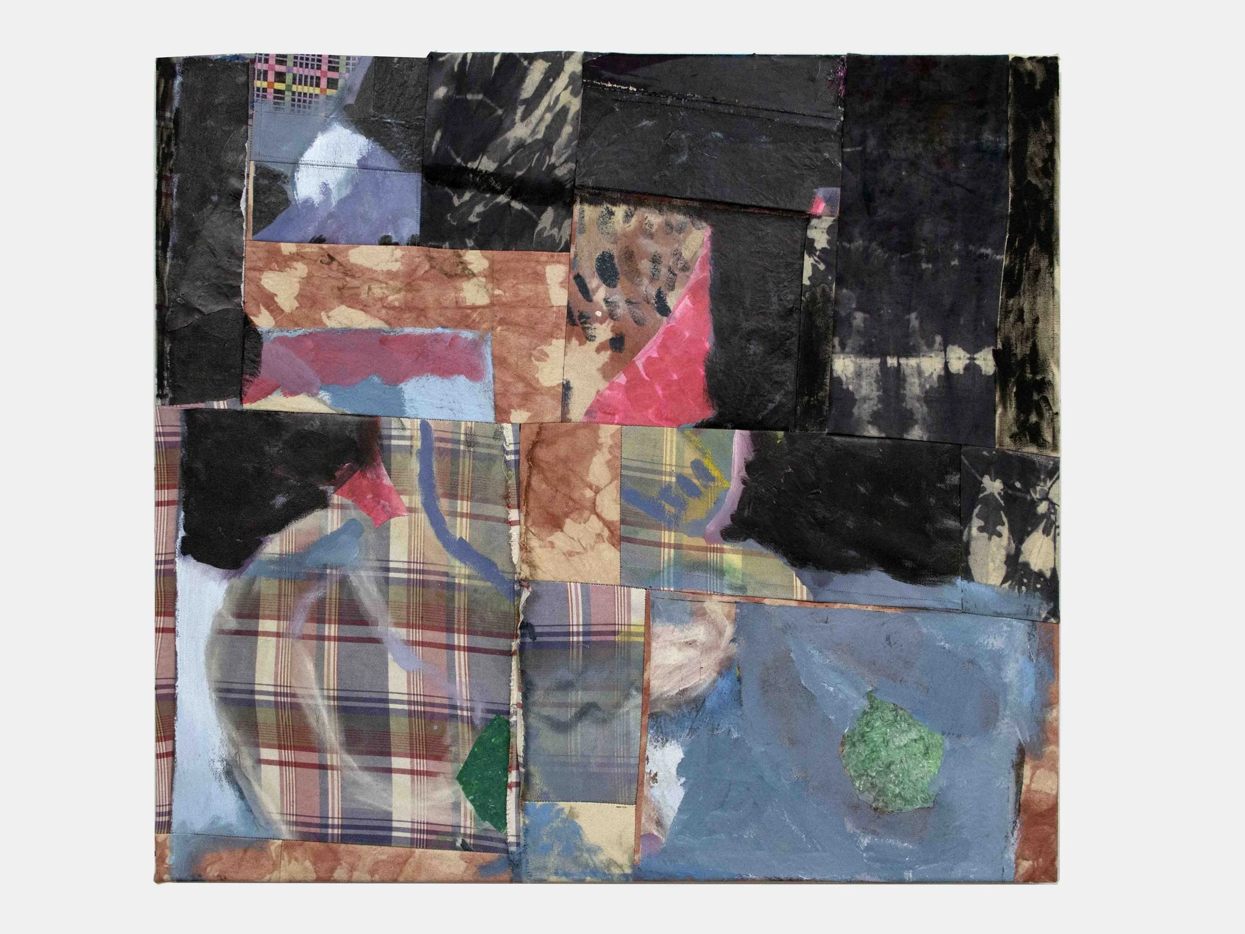 Minute Made Man, 35” x 33”, found plaid fabric, synthetic chocolate dye, acrylic and oil paint, 2026