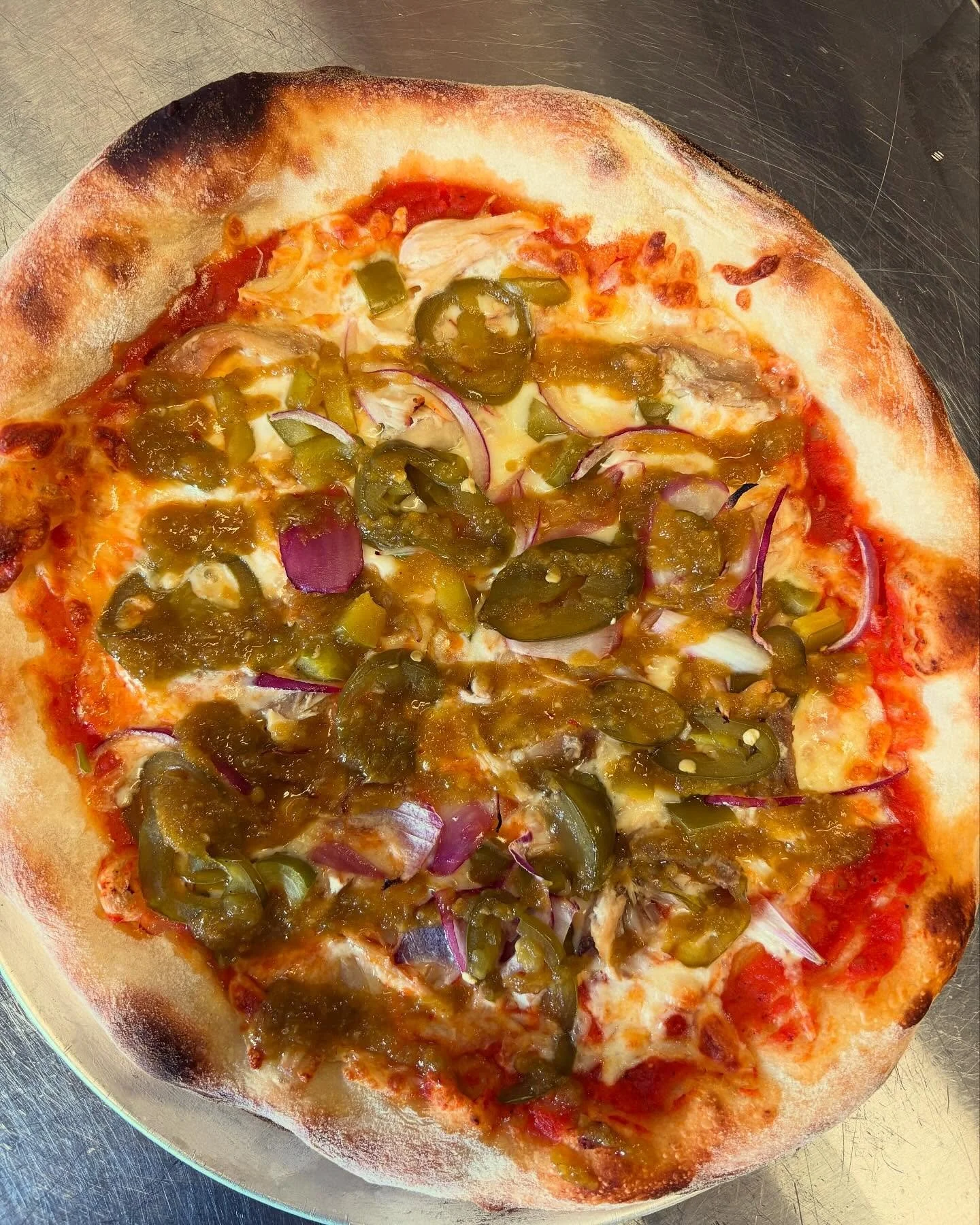 Our specials this week

Spicy chicken &amp; pepper pizza $23
Marinara, mozzarella, roasted &amp; pulled chicken, roasted green peppers, candied jalape&ntilde;os, red onion, finished with sweet jalape&ntilde;o hot sauce.

Smoked brisket &amp; pesto  p
