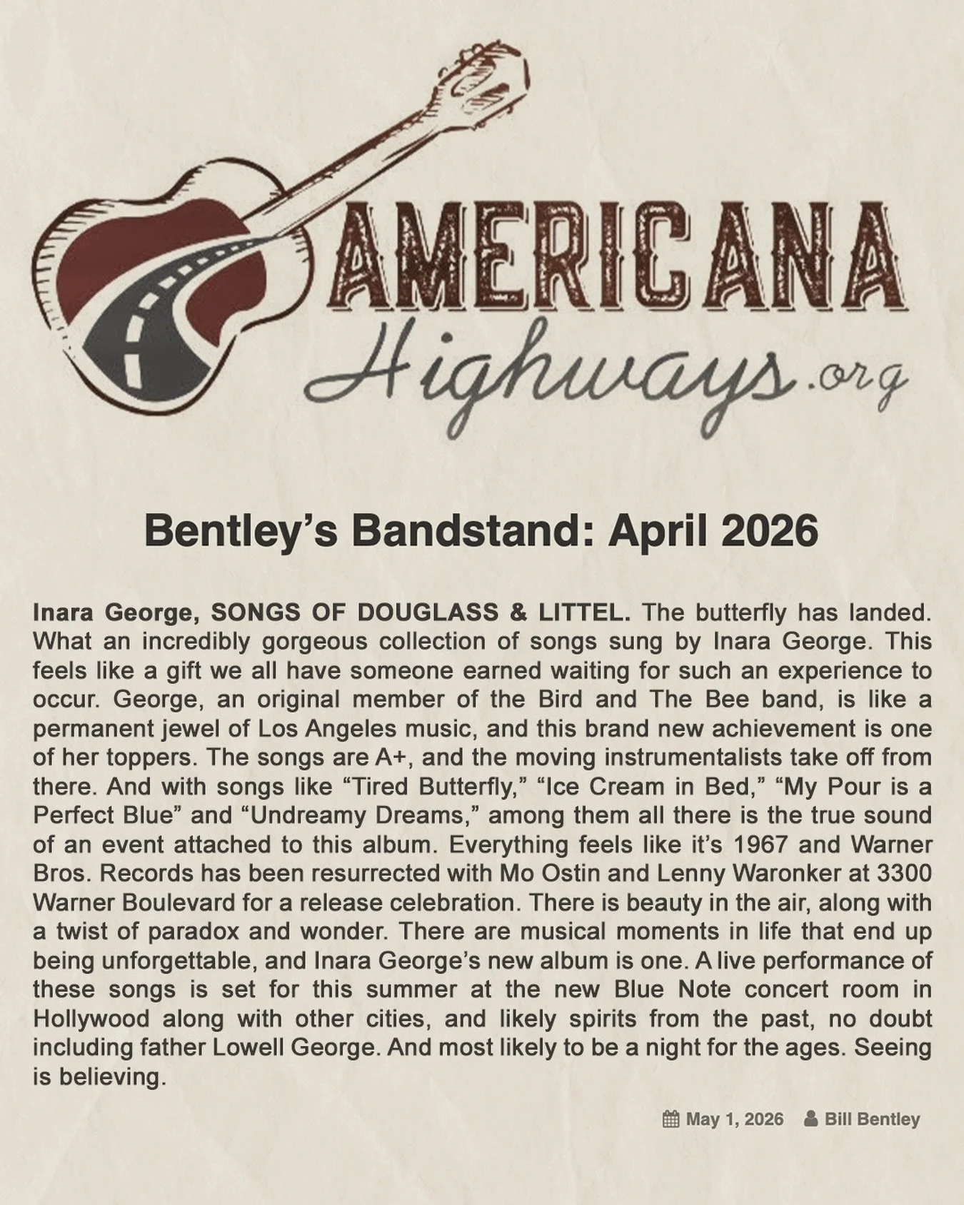 Thanks to Bill Bentley at @americanahighways for this lovely review of 𝘚𝘰𝘯𝘨𝘴 𝘰𝘧 𝘋𝘰𝘶𝘨𝘭𝘢𝘴𝘴 𝘢𝘯𝘥 𝘓𝘪𝘵𝘵𝘦𝘭𝘭! He says, &ldquo;The
songs are A+... There is beauty in the air, along with a twist of
paradox and wonder.&rdquo;

The album