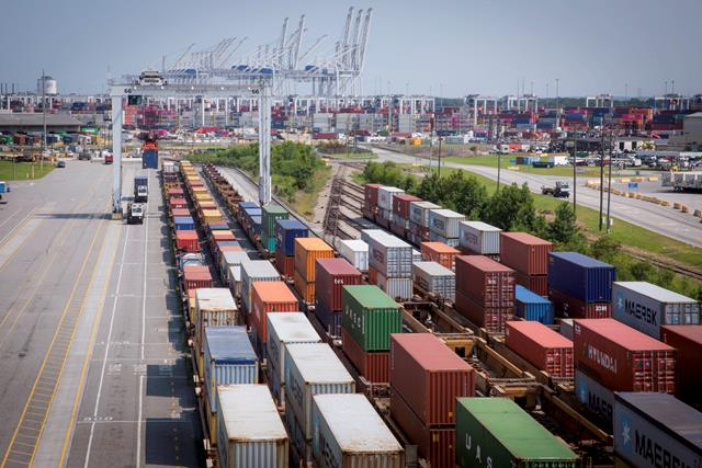 For the fiscal year through April, the Port of Savannah has achieved a 21 percent increase in intermodal cargo, handling 776,600 twenty-foot equivalent container units by rail since July 2018. Find print quality images s here . (Georgia Ports Authority)