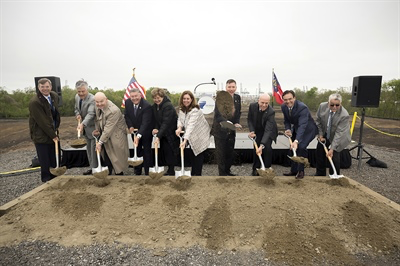 From left, GPA Board Member Charles Tarbutton, Savannah Mayor Eddie Deloach, Maritime Administrator Rear Adm. Mark H. Buzby, GPA Board Chairman Jimmy Allgood, Tracey Mason, Teresa Waters, GPA Executive Director Griff Lynch, Norfolk Southern VP of Business Development and Real Estate Rob Martinez, CSX VP of Intermodal Dean Piacente, and Garden City Mayor Don Bethune break ground on the Mason Mega Rail terminal, Tuesday, March 27, 2018, at the Port of Savannah. The expansion project will add 97,000 feet of track at Garden City Terminal.
