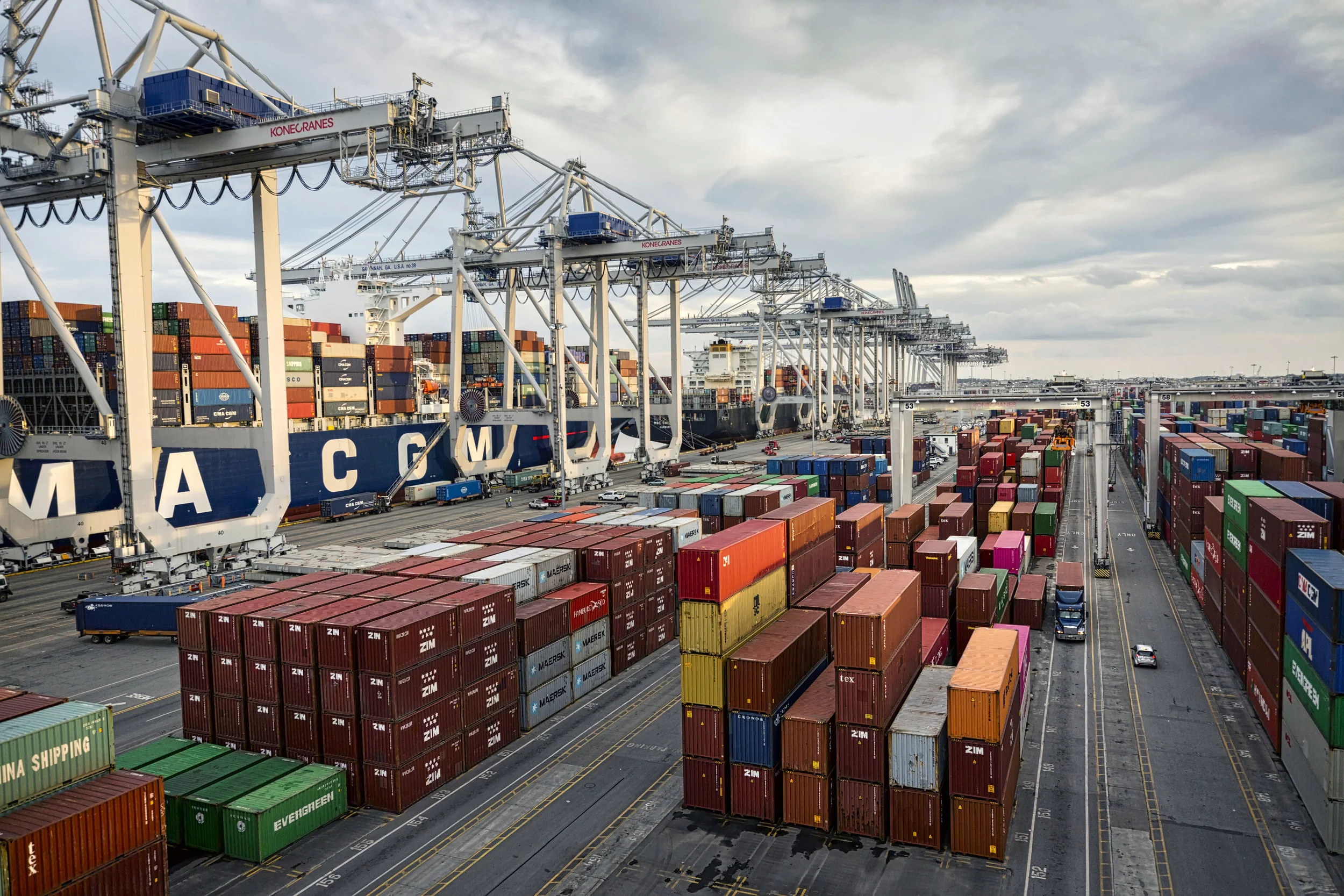 At 1,200 acres, the Port of Savannah's Garden City Terminal is the largest single-operator terminal in the U.S. With 151 rubber-tired gantry cranes and 30 ship-to-shore cranes, the GPA completes nearly 20,000 container moves per day to vessel, truck and rail. Find print quality images here . (Georgia Ports Authority / Stephen B. Morton)
