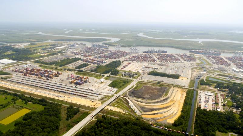 Construction on the Port of Savannah's Mason Mega Rail project is 40 percent complete. The expanded terminal will double rail lift capacity at Garden City Terminal to 1 million containers per year. Find print quality images here . (Georgia Ports Authority)