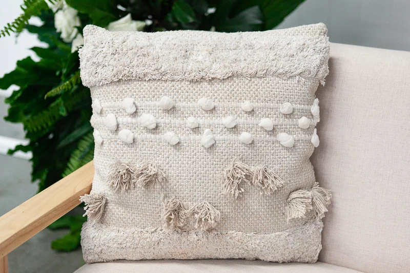 Boho White PomPom Cushion