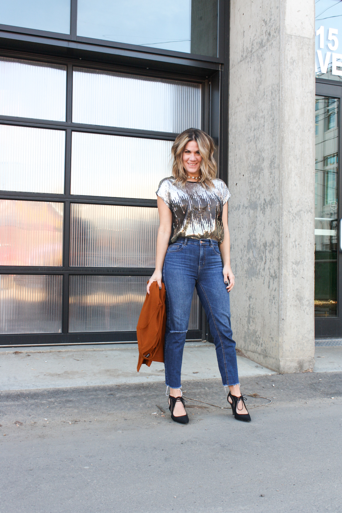 Sheer Sequin Top + Jeans, Heels and a Duster: