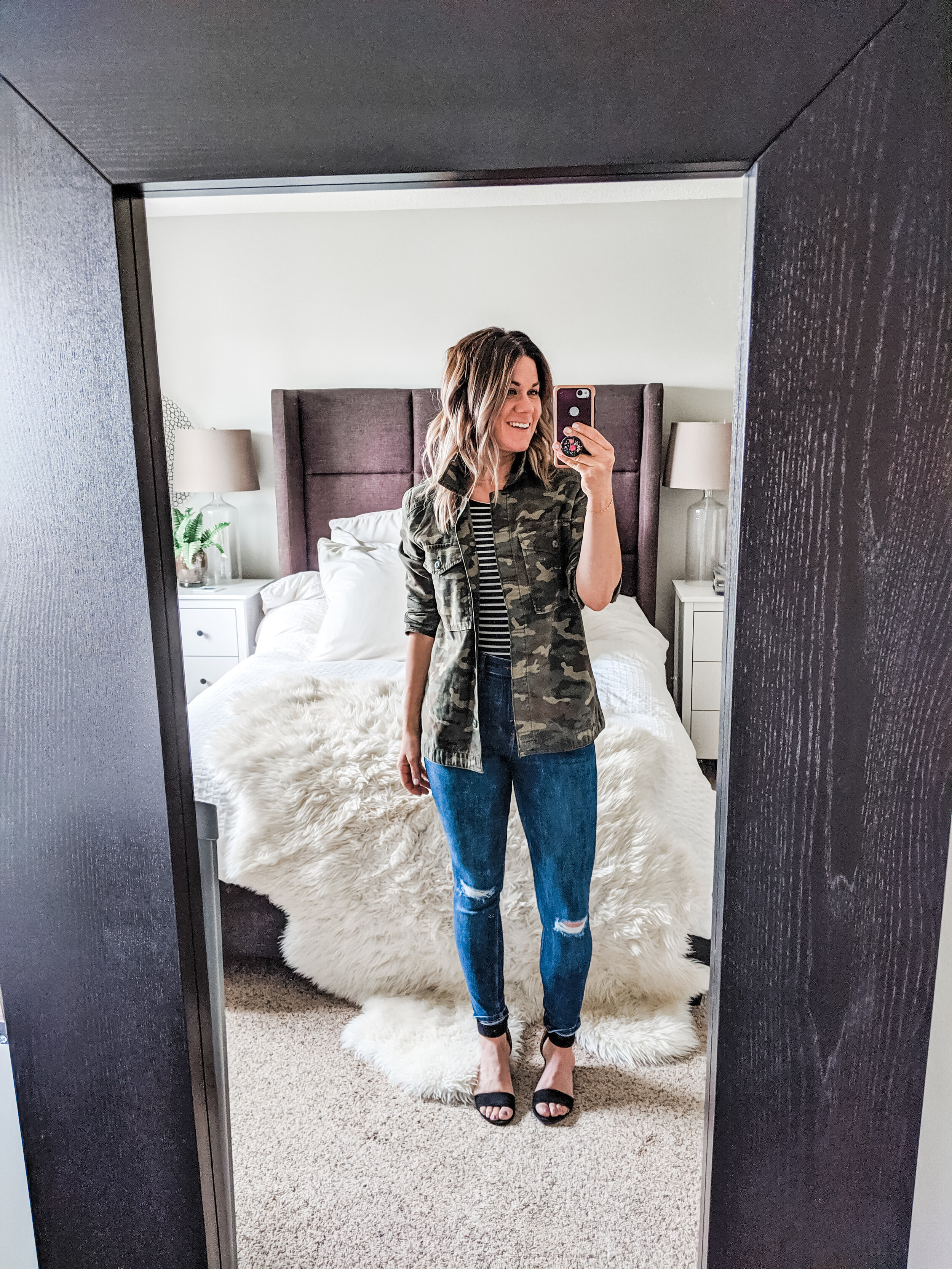  Mixing Prints is still a thing!! Keep them in the same tone of colors and voila, you have a fun combination. Stripes and Camo are a fun blend that keeps it perfect for a casual occasion. I styled this look with short block heel sandal to kick it up 