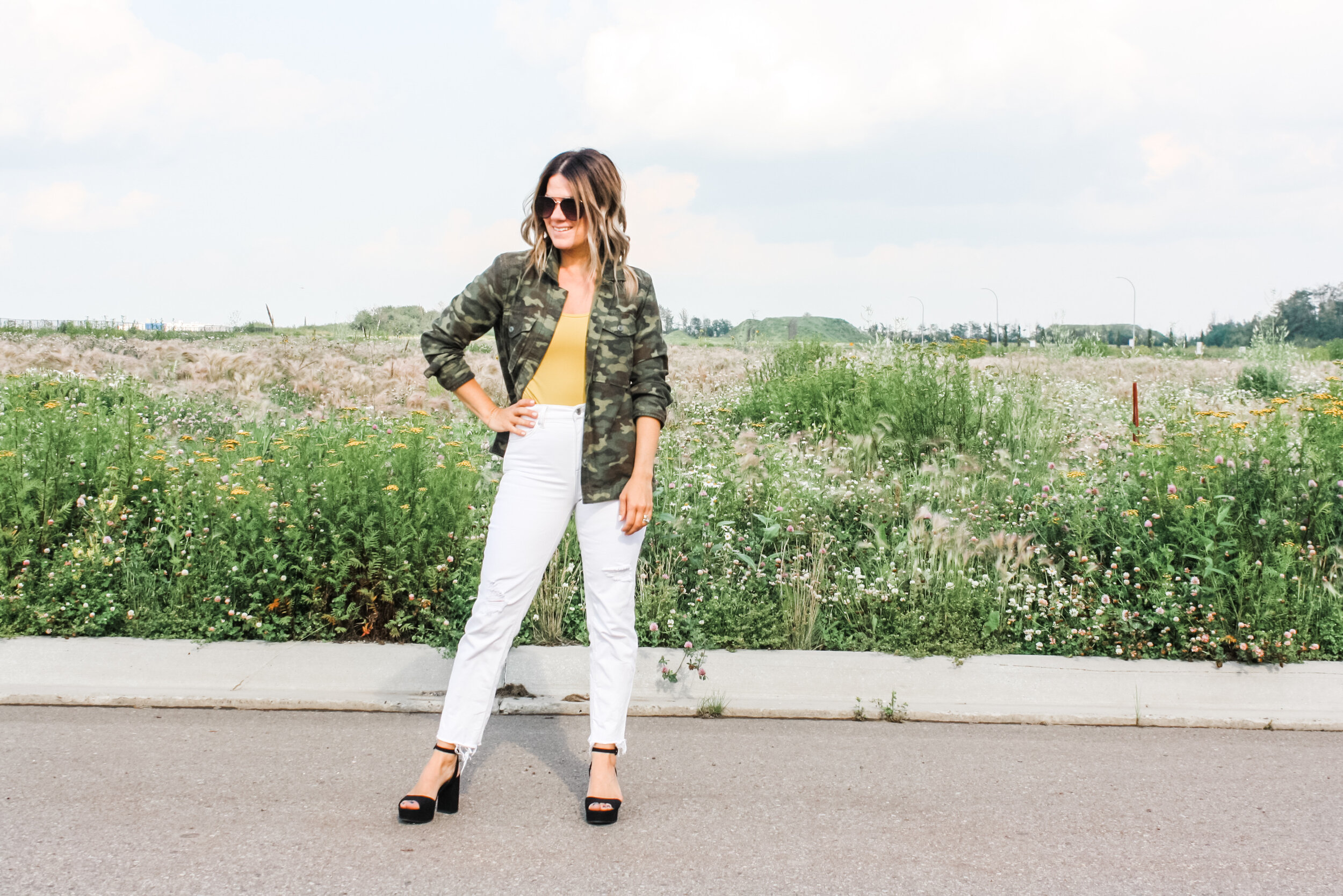  Can anyone say AMEN!!?! LOL. I was excited when the inspiration popped in my head to create this look. I love white jeans, then adding the mustard yellow bodysuit and camo... this just screams get me out of the house! Wear this look to a summer fest