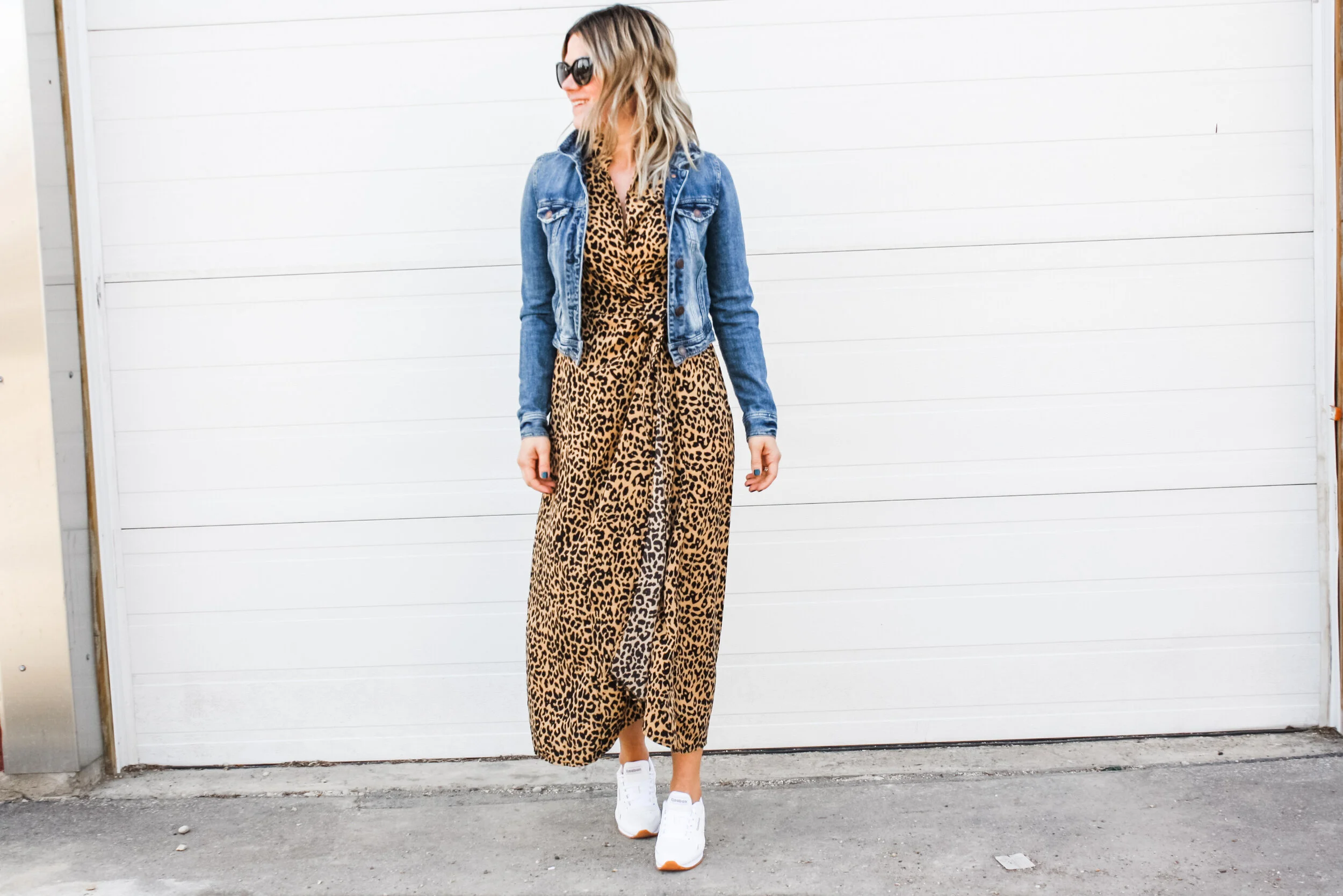 leopard print dress with denim jacket animal print midi dress with sneakers and denim jacket