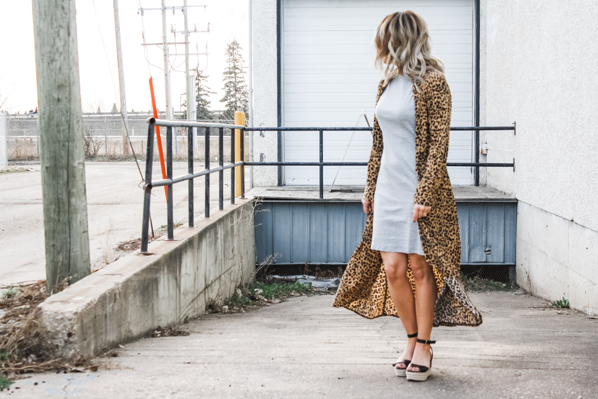 WRAP DRESS STYLED AS A DUSTER + DRESS + FLAT FORM WEDGES