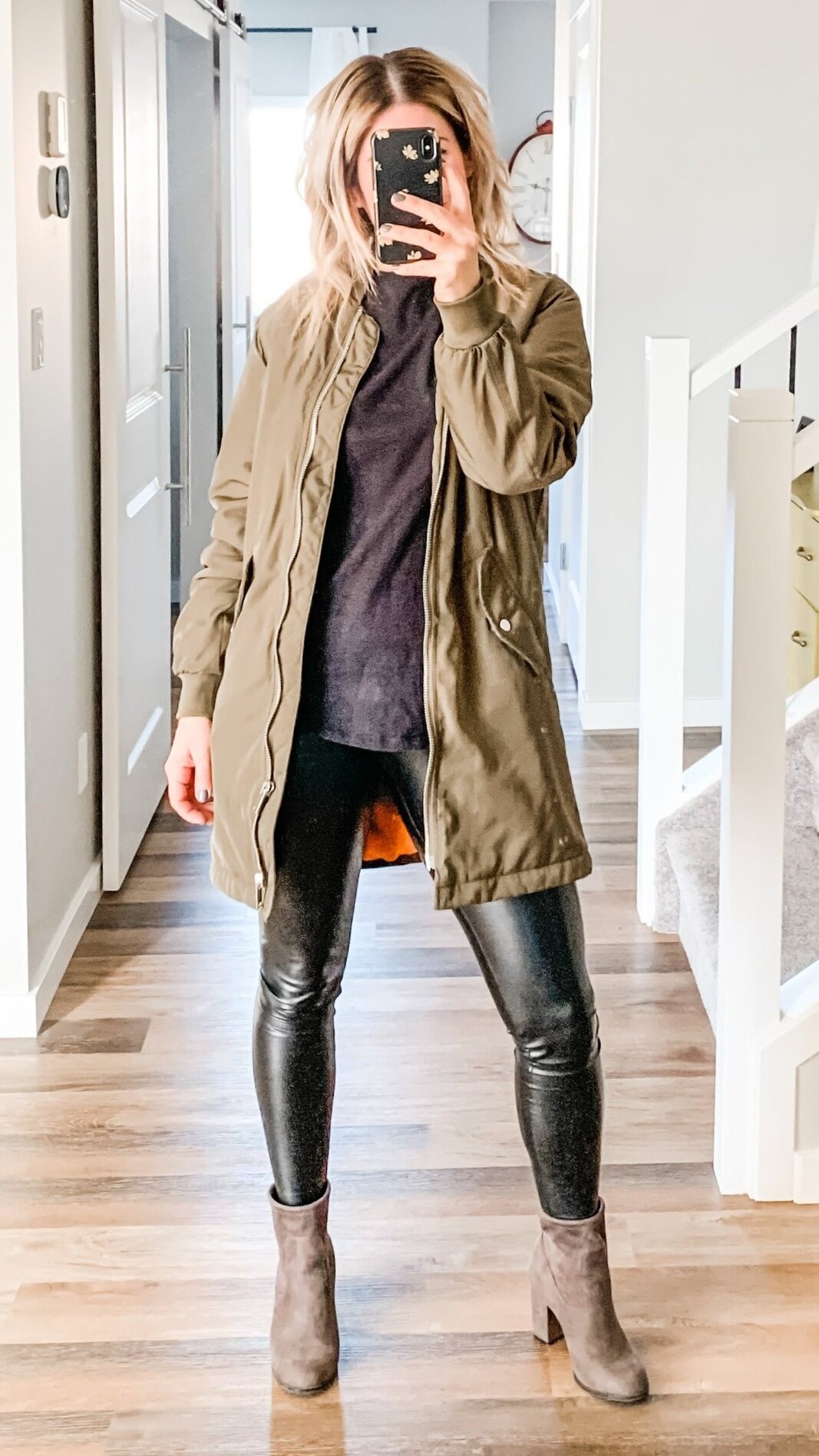 LONG BOMBER JACKET + SUEDE ANKLE BOOTS