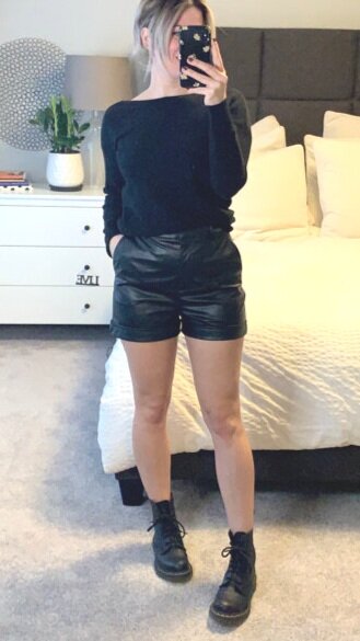 OPEN-BACK SWEATER + FAUX LEATHER SHORTS
