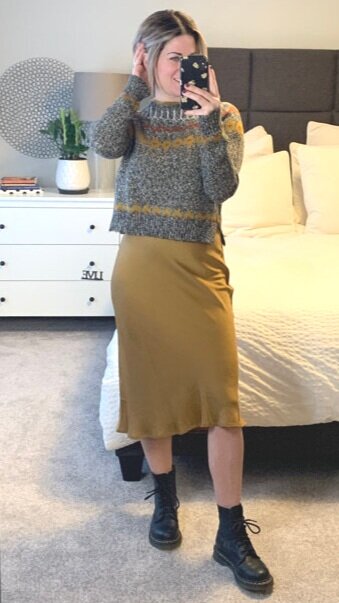 SKI SWEATER + SILK MIDI-SKIRT