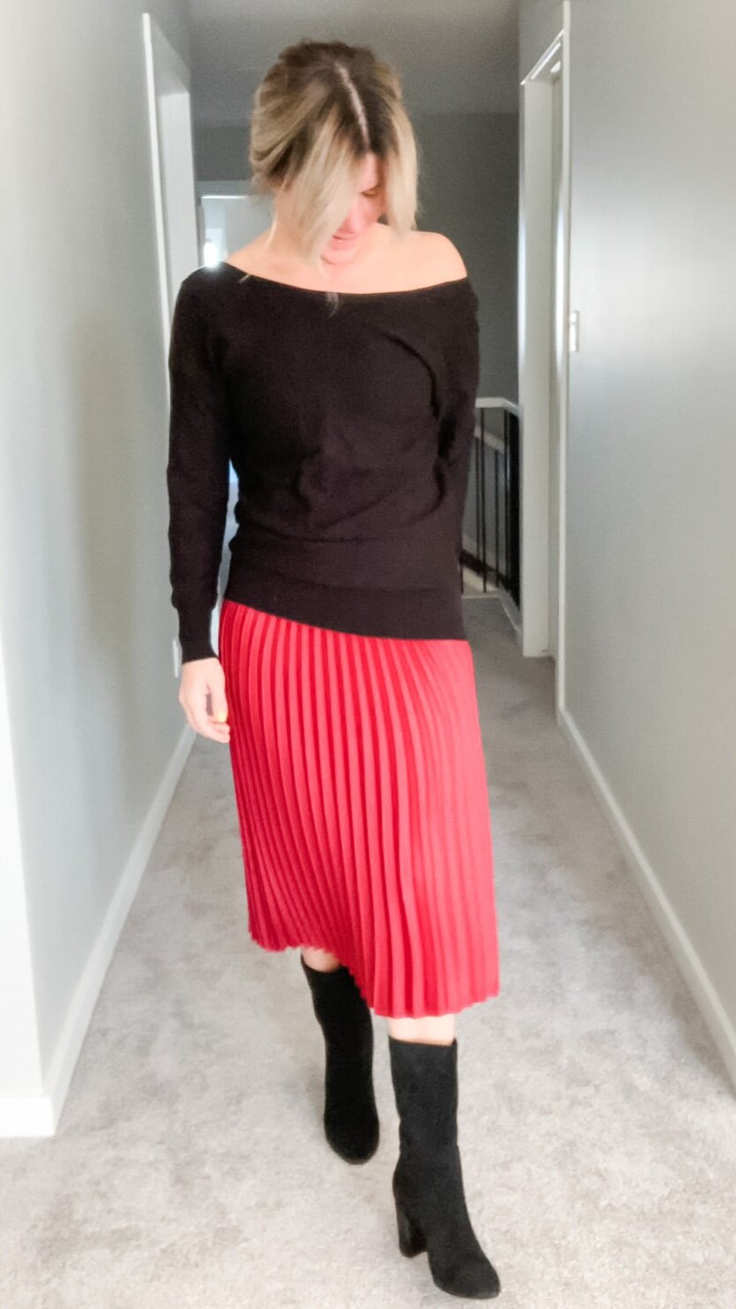 MIDI-PLEATED SKIRT + OPEN-BACK SWEATER