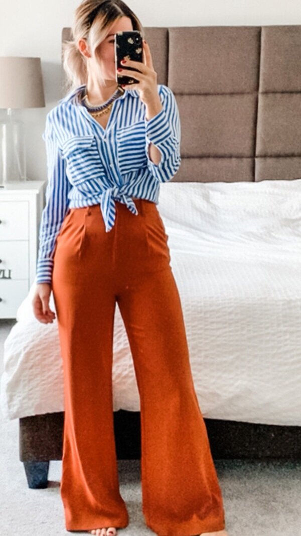 KNOTTED STRIPE BUTTON-UP + RUST TROUSERS