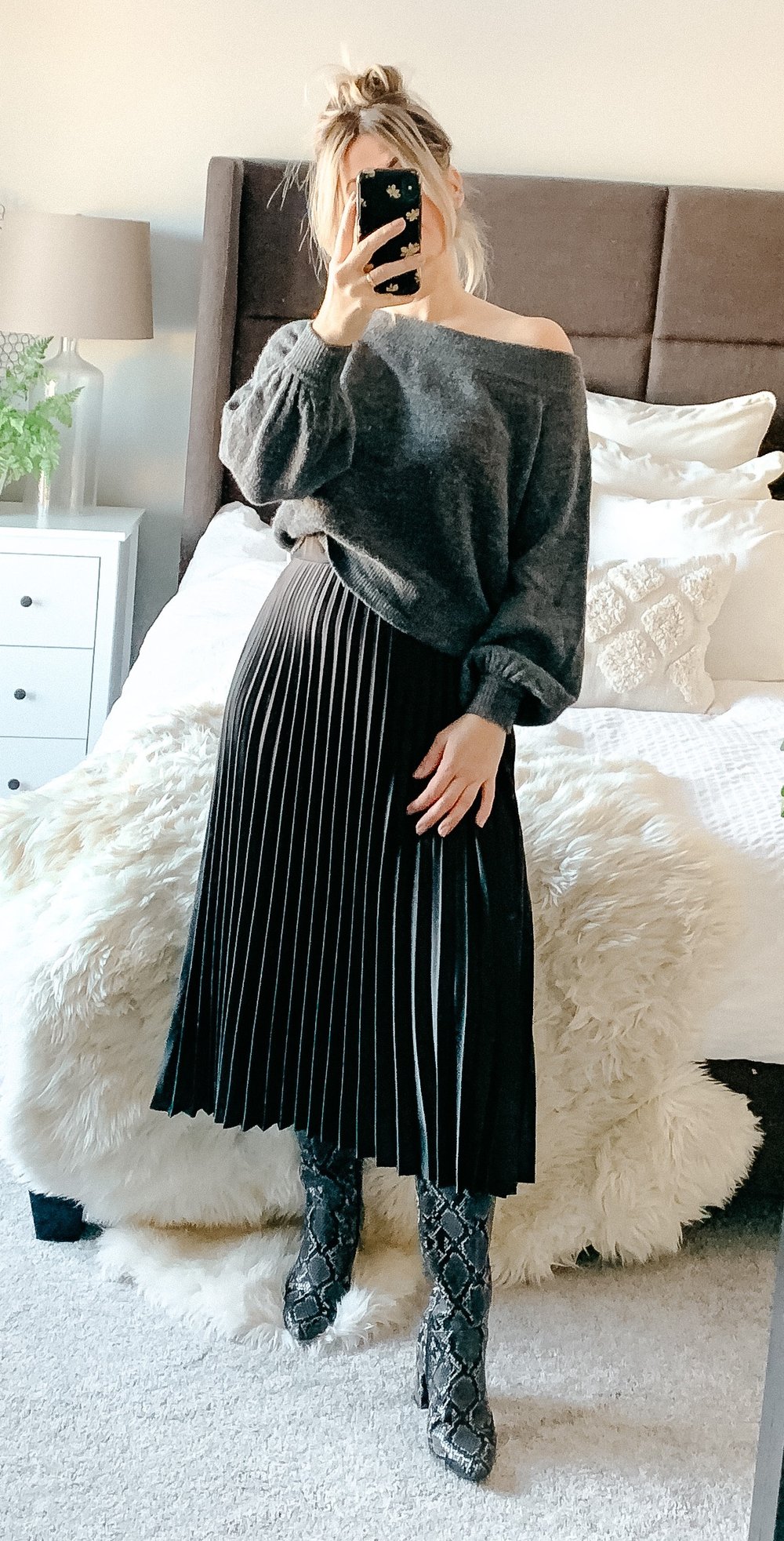 Wide-neck, Off-the-shoulder sweater + Over-the-knee Boots