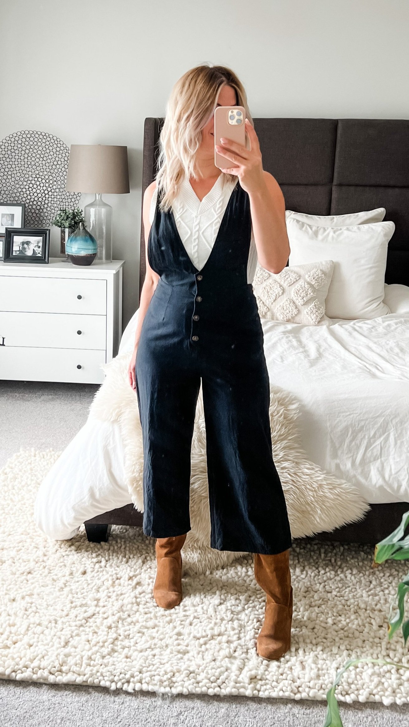 OVERALLS + SLOUCH BOOTS + WHITE VEST 