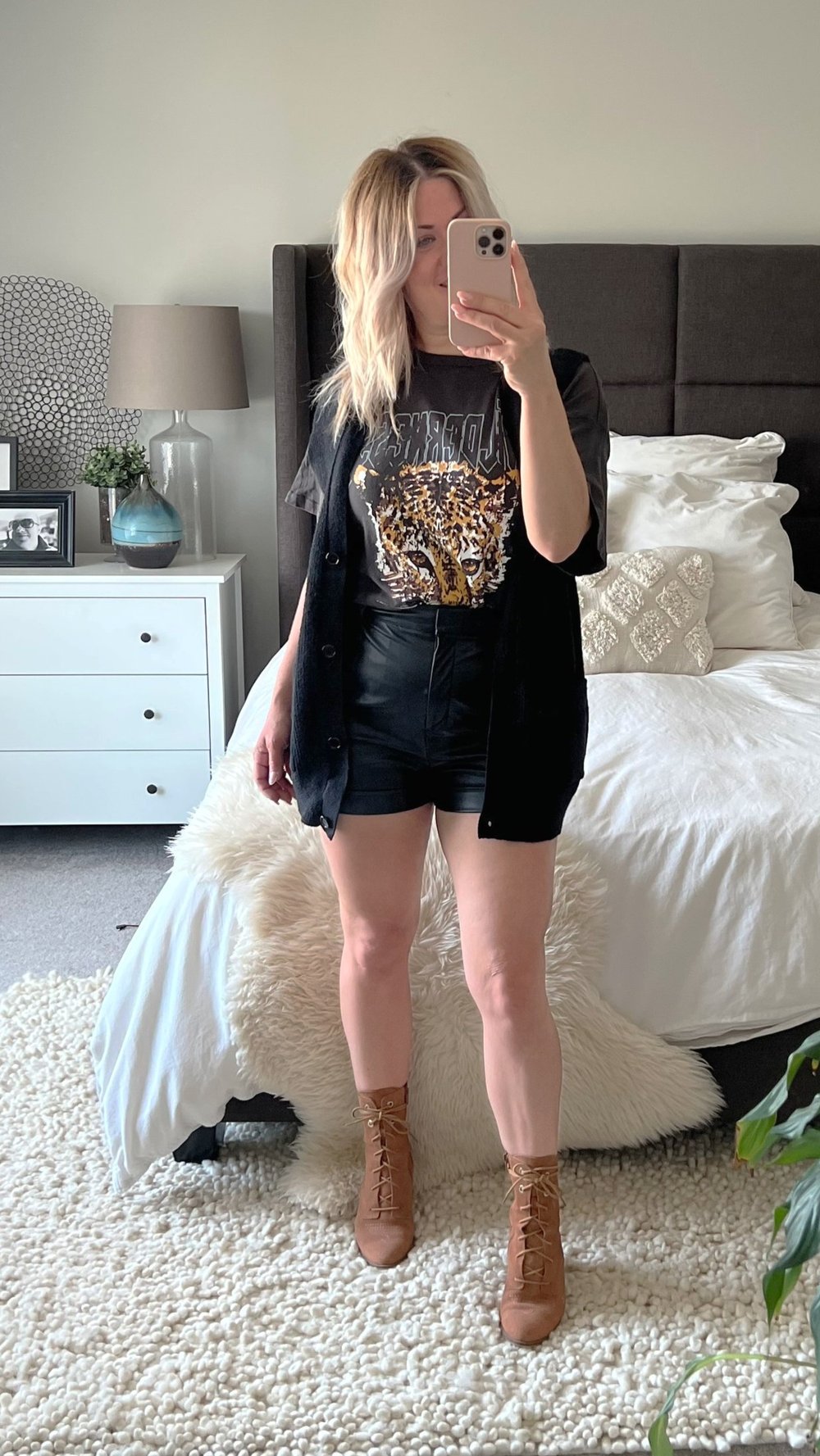 (OPEN) BLACK BUTTON-UP OVERSIZED VEST + GRAPHIC TEE + LEATHER SHORTS + COGNAC MIDI-BOOTS 
