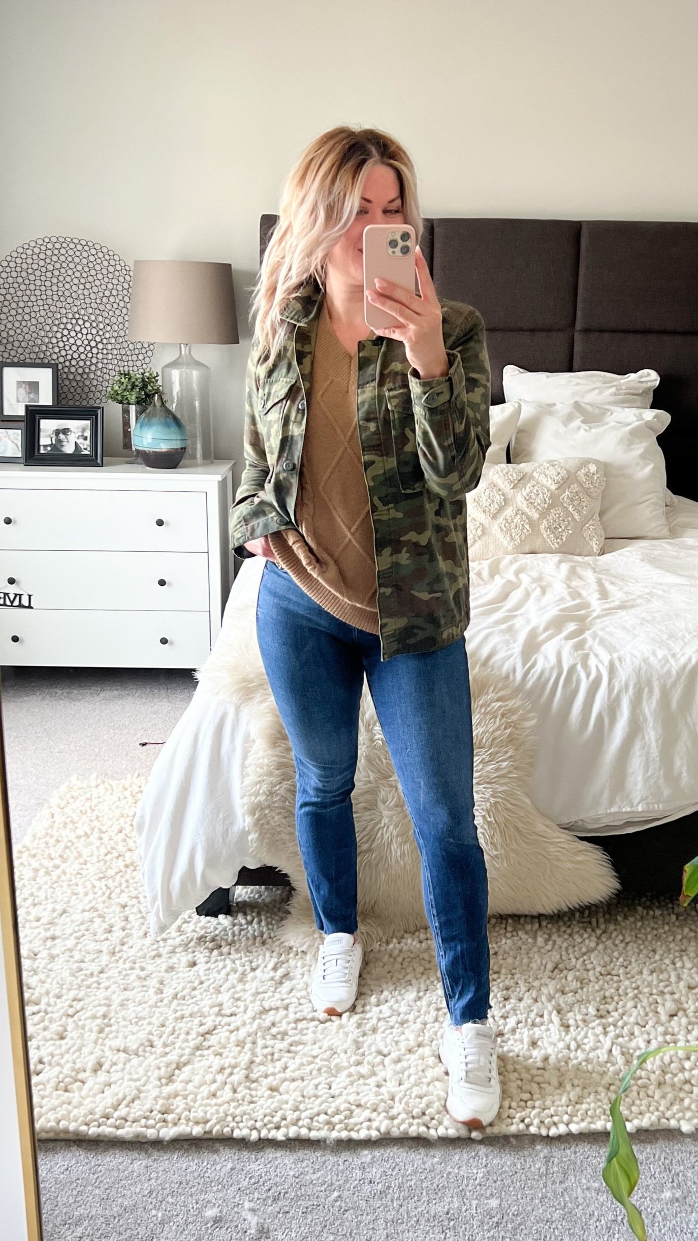 SKINNY JEANS + TAN CABLE KNIT VEST + CAMO JACKET + WHITE SNEAKERS  