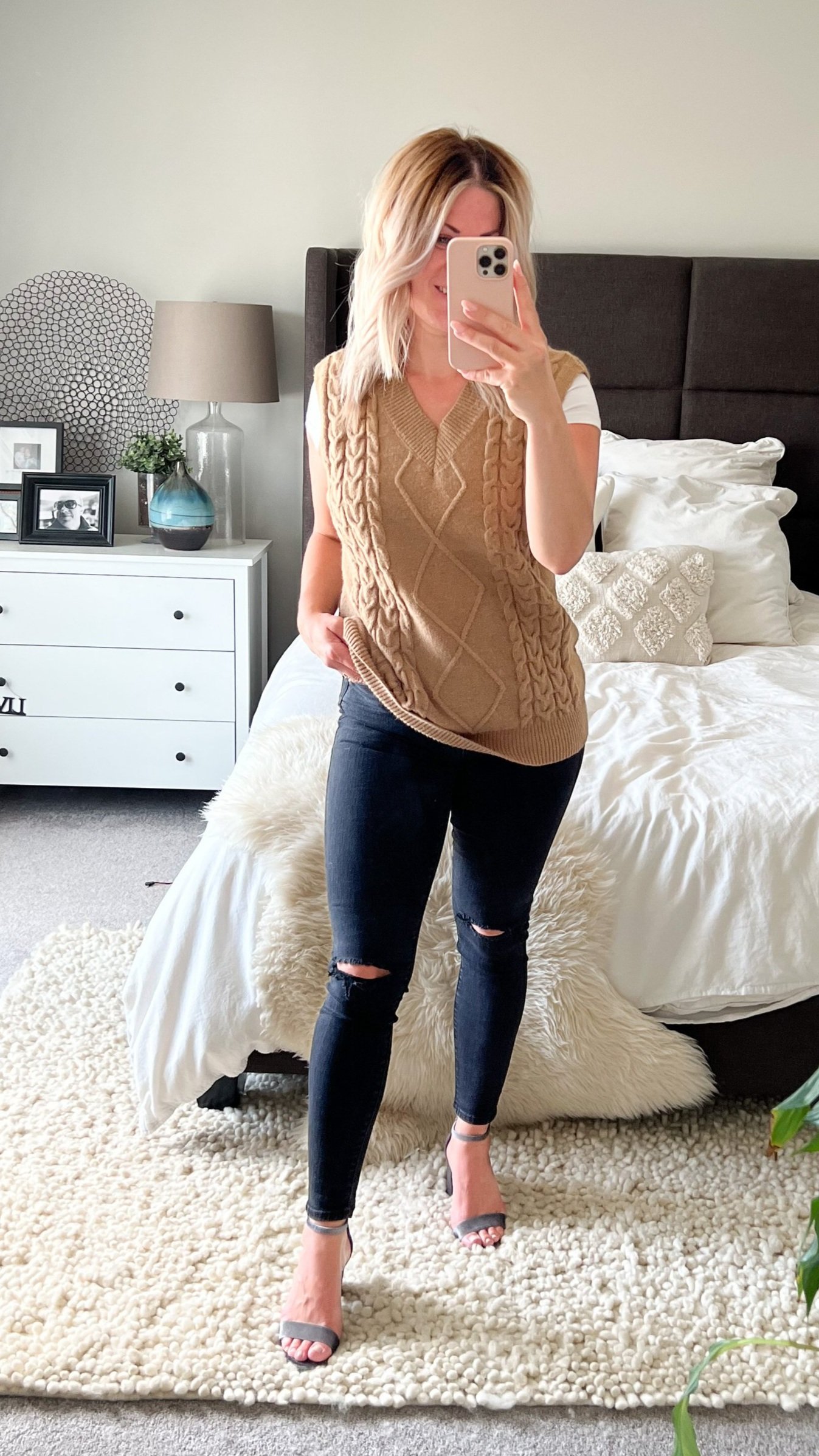 BODYSUIT + BLACK JEANS + TAN CABLE KNIT VEST + GREY VELVET HEELS 