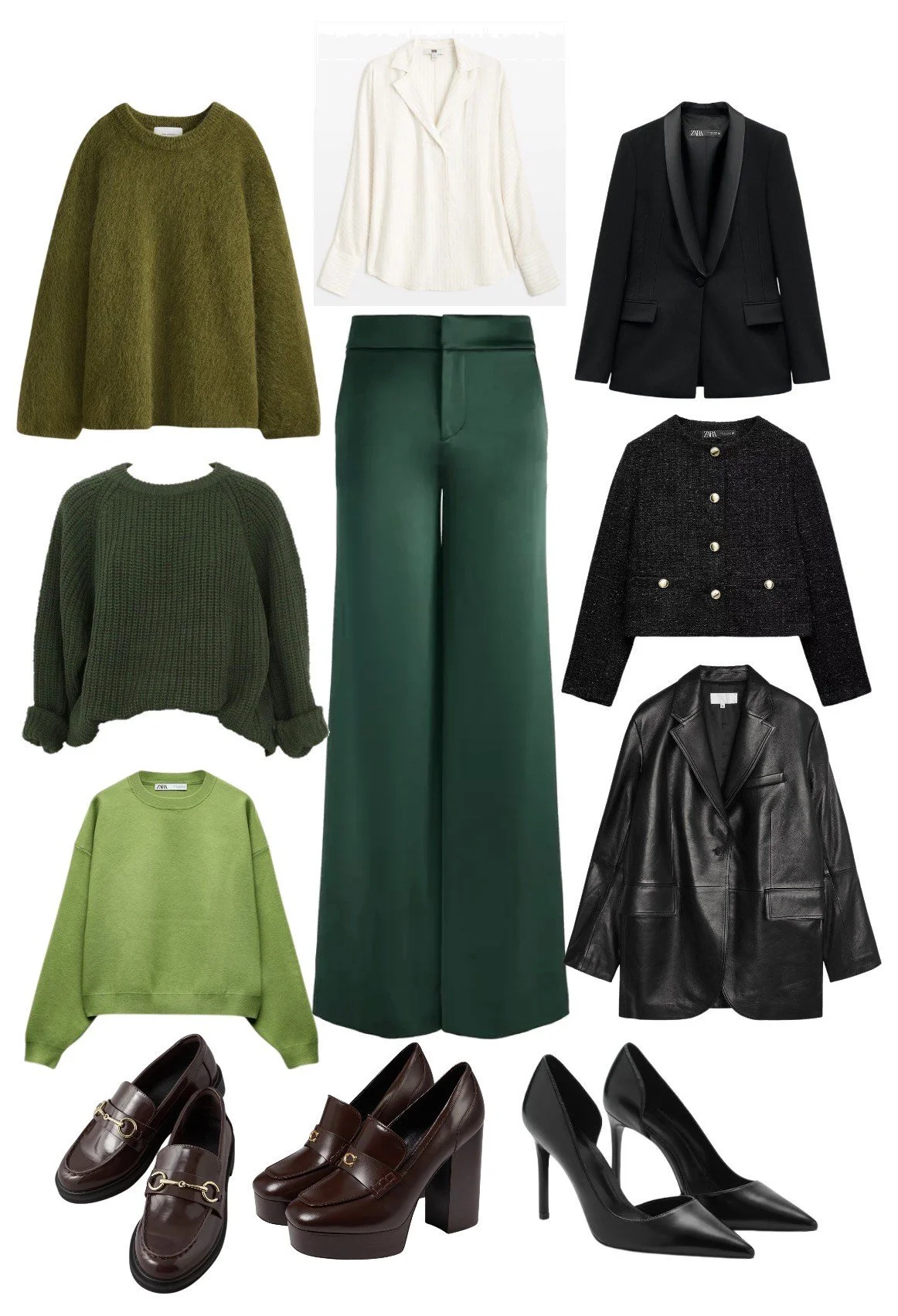 Tailored green trousers instantly feel work-ready. 