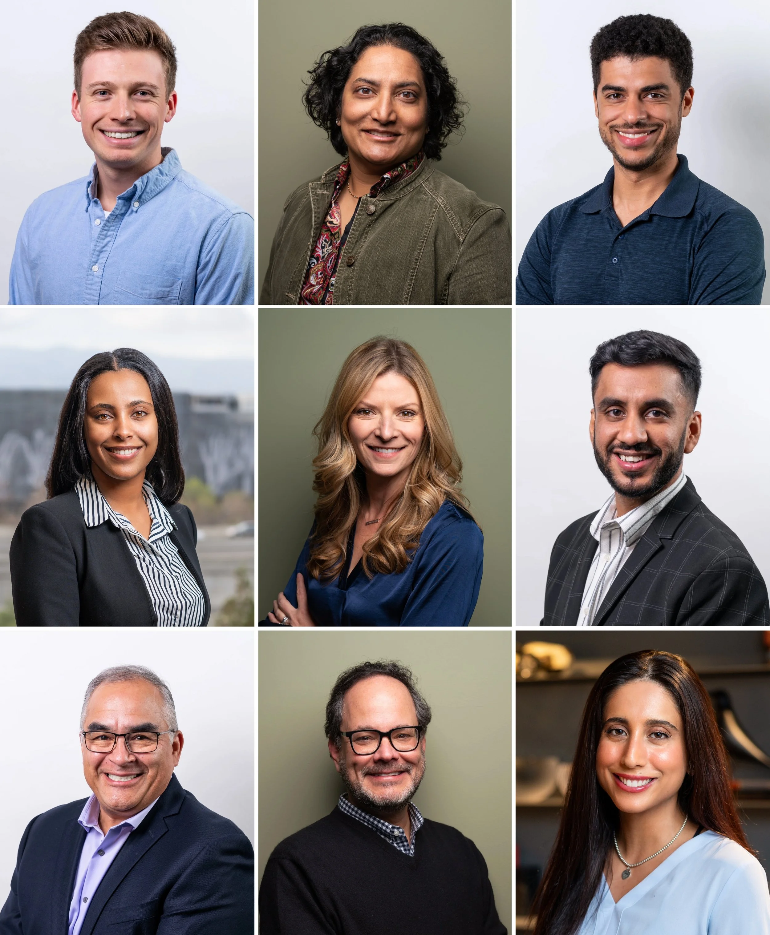 Collage of nine diverse professional headshots, featuring men and women of various ethnicities, dressed in business casual and formal attire, smiling against plain backgrounds.