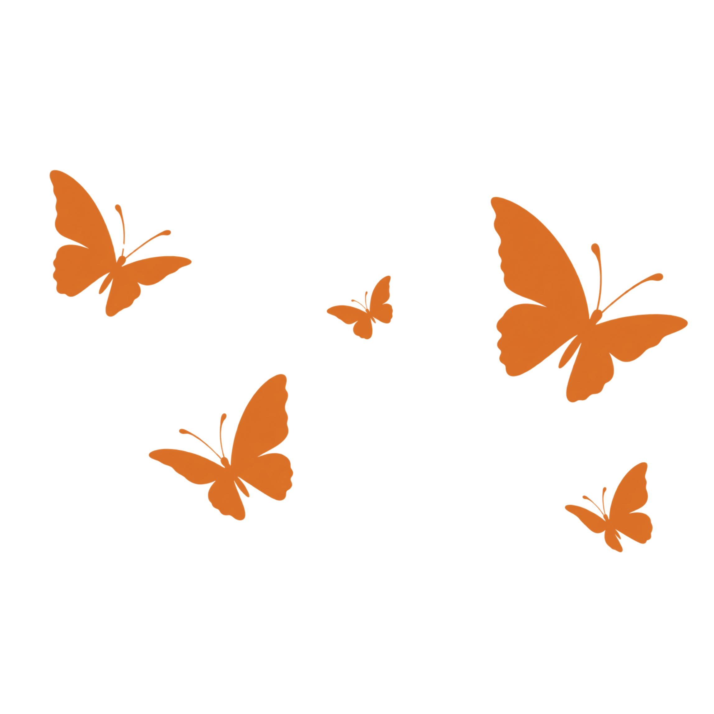 Orange butterflies with black markings and orange leaves with black edges on a black background.