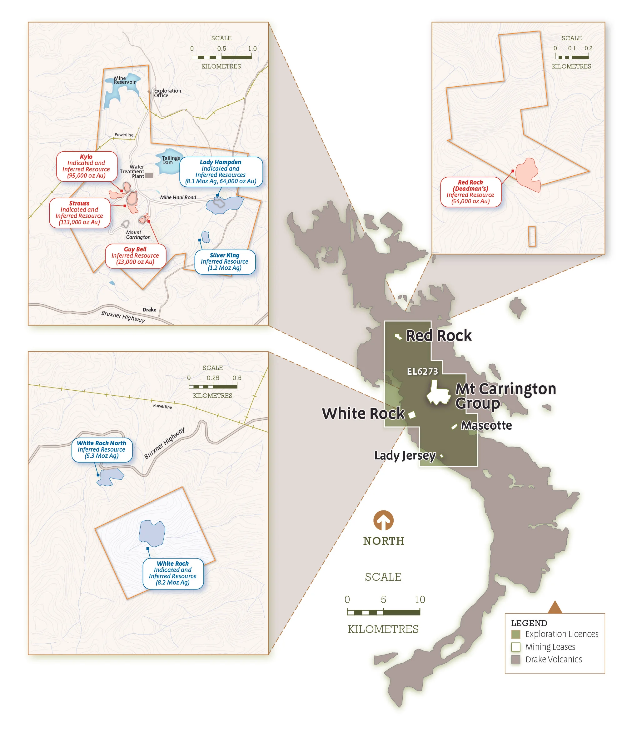 Figure 1 Location plan of Mt Carrington – Mining Licences, the surrounding Exploration Licence and the various Mineral Resources locations.