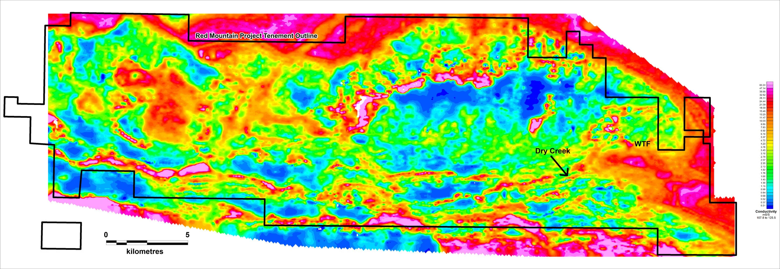 Figure 8: Conductivity depth slice of the 1D inversion model of the SkyTEM electromagnetics data at 120m below surface. The survey highlights conductivity features associated with VMS mineralisation at the Dry Creek and West Tundra Flats (WTF) deposits.