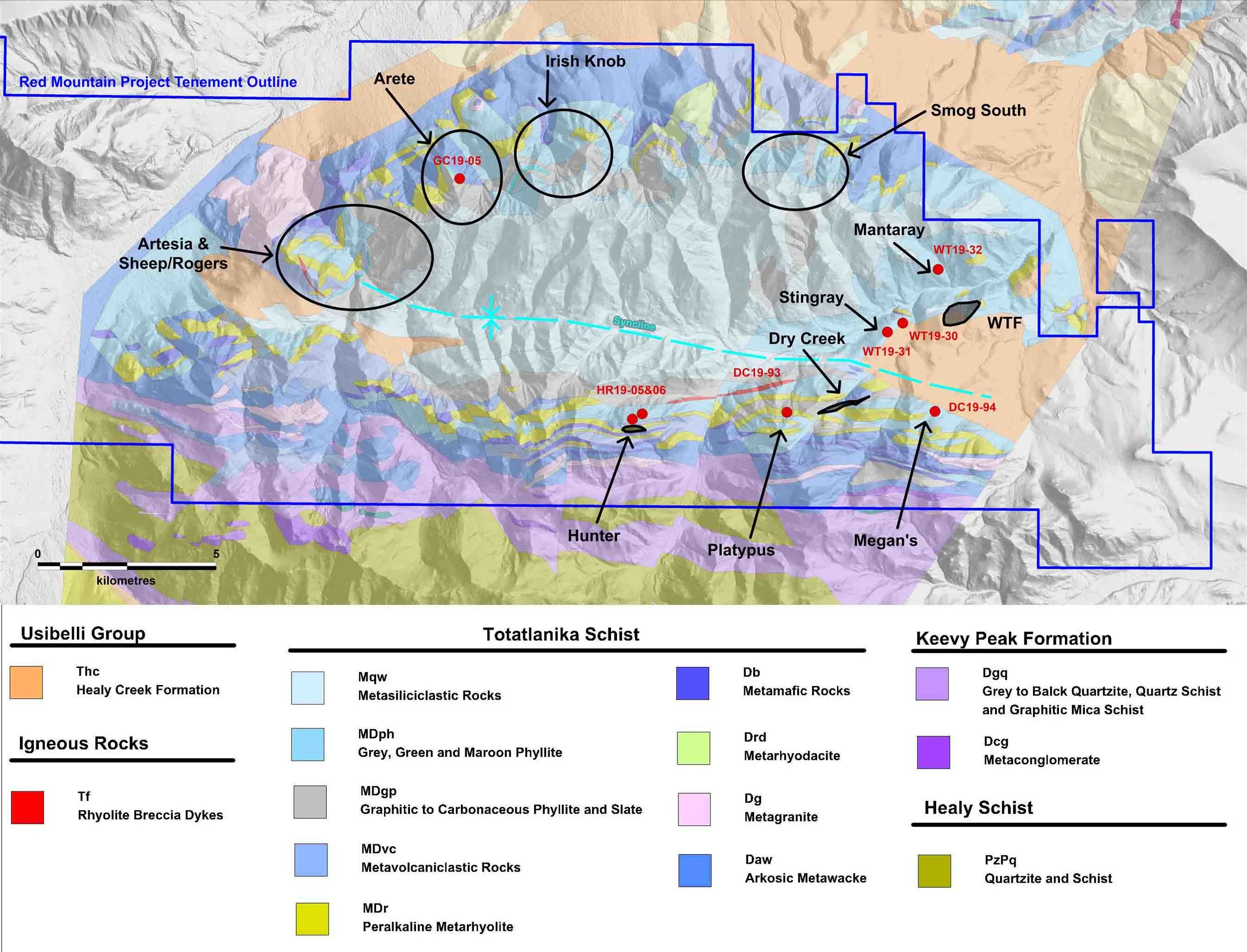 Figure 9: Location of 2019 drilling activities including upcoming targets along the Glacier Trend, on the DGGS geology map (after Freeman et al., 2016) and terrain surface with locations for the Dry Creek and West Tundra Flats (WTF) VMS deposits.