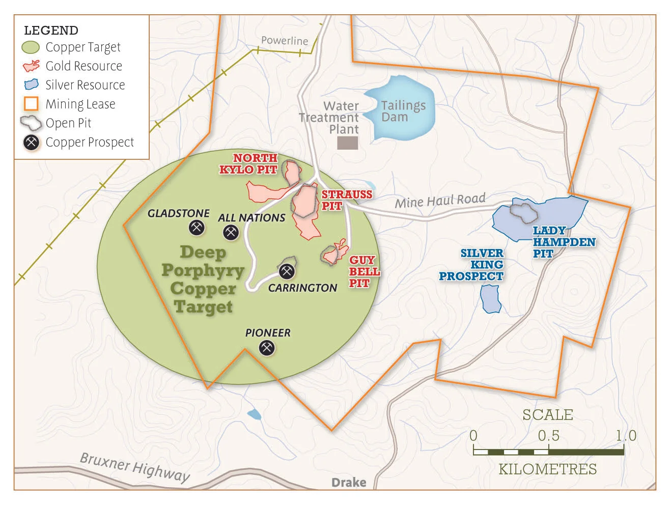 Above: Location of deep porphyry copper target on the Mt Carrington central Mining Leases. There is a broad zonation from distal silver mineralisation at Lady Hampden and Silver King in the east, to the proximal gold mineralisation at Kylo, Strauss and Guy Bell, and the historic copper occurrences at Gladstone, All Nations, Carrington and Pioneer interpreted to represent the surface expression of structural controls to a copper porphyry mineralised source at depth.