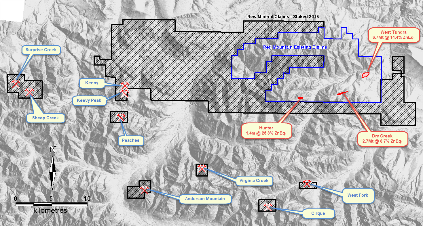 Figure 7: Red Mountain Project tenement outline on terrain map with locations for the Dry Creek and West Tundra Flats VMS deposit Mineral Resources, the new discovery at the Hunter Prospect and outlier VMS prospects.