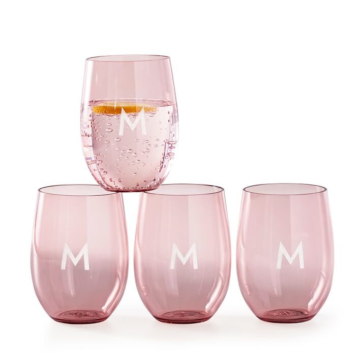 Acrylic Stemless Wine Glasses, Set of 4, Blush, Monogrammed