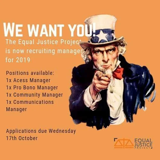 Applications for manager positions are now open! This is an amazing opportunity to gain leadership experience. EJP managers are looked on very favourably by employers in the legal profession 😎 
Link here: https://docs.google.com/forms/d/1Ee8k28WE59vOzQd2XpBpz70qPLvyw4xT3cbsdS0WoRQ/viewform?edit_requested=true