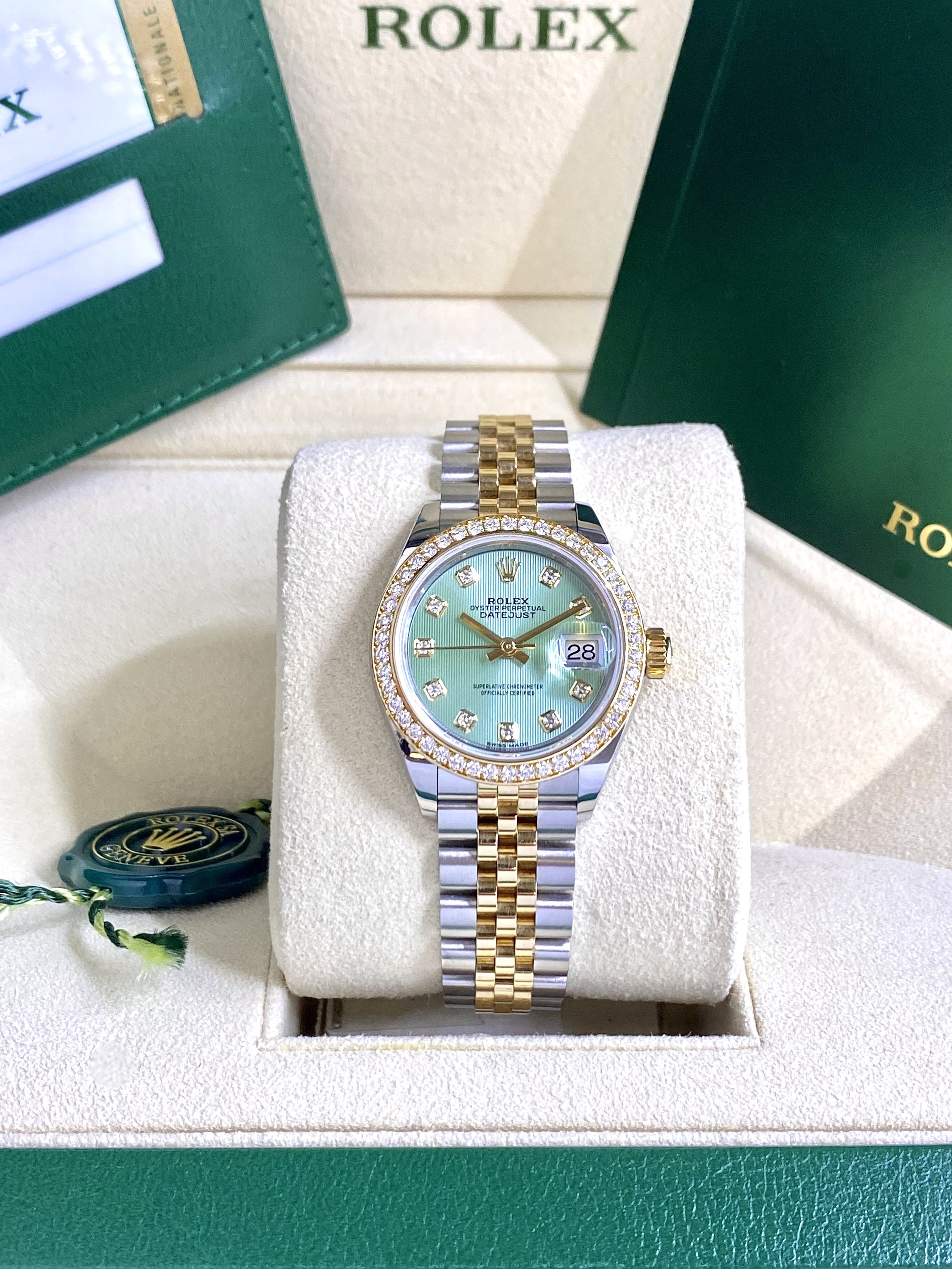 Rolex Datejust 28 #279383RBR - Mint Green Diamond Dial - Box & Papers - RARE