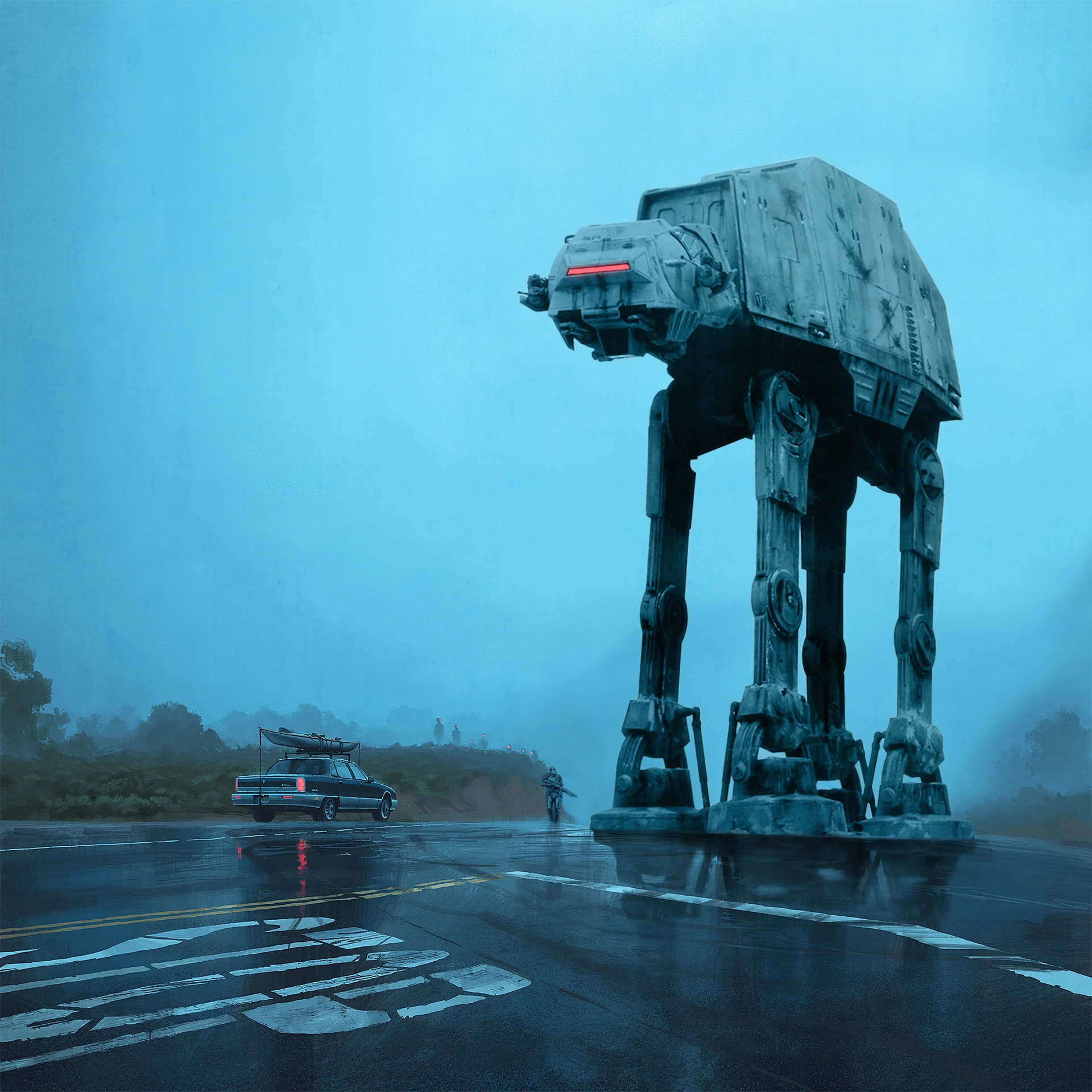 This is a photoshop remix I made by compositing in the AT-AT Walker and Rouge One Stormtrooper into a scene created by sci-fi artist Simon Stalenhag. He makes paintings mostly set with a dark and gritty dystopian tone, featuring post future landscapes and characters filled with some creepy, but awesome looking robots. You can check out his work here: http://www.simonstalenhag.se/