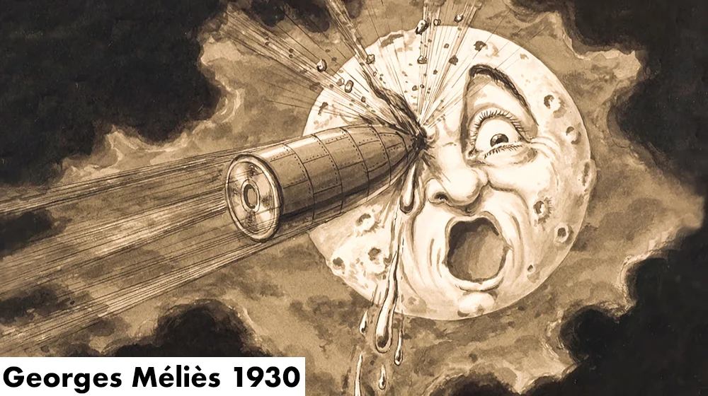 Painting by magician and filmmaker Georges Méliès for the release of his 1930 film for “A Trip to the Moon”, which was cinemas first science fiction film. https://en.wikipedia.org/wiki/Georges_M%C3%A9li%C3%A8s
