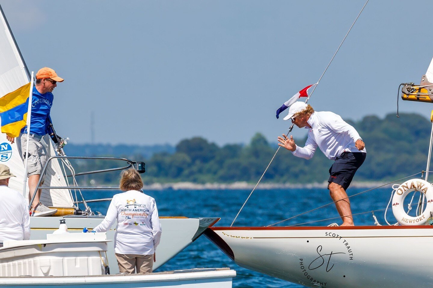 #frontendfriday meets #transomtuesday during the #newportregatta last week
Pictured is the bow of Columbia 12US16 making contact with the transom of Onawa 12US6 at the start of race 2 on Saturday.
@sailnewportri  @12metreclass @12_metre_yacht_club #1