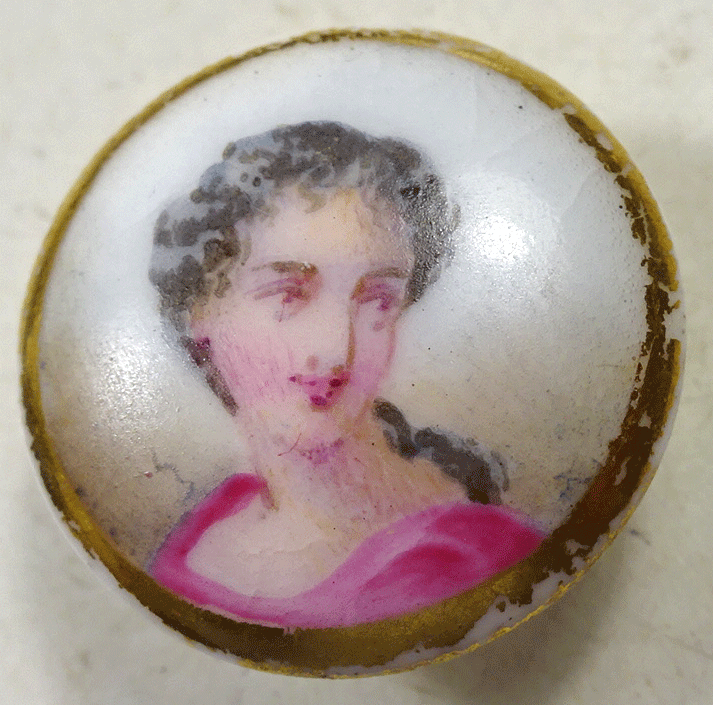 Portrait of young lady in pink, on porcelain, stud shank