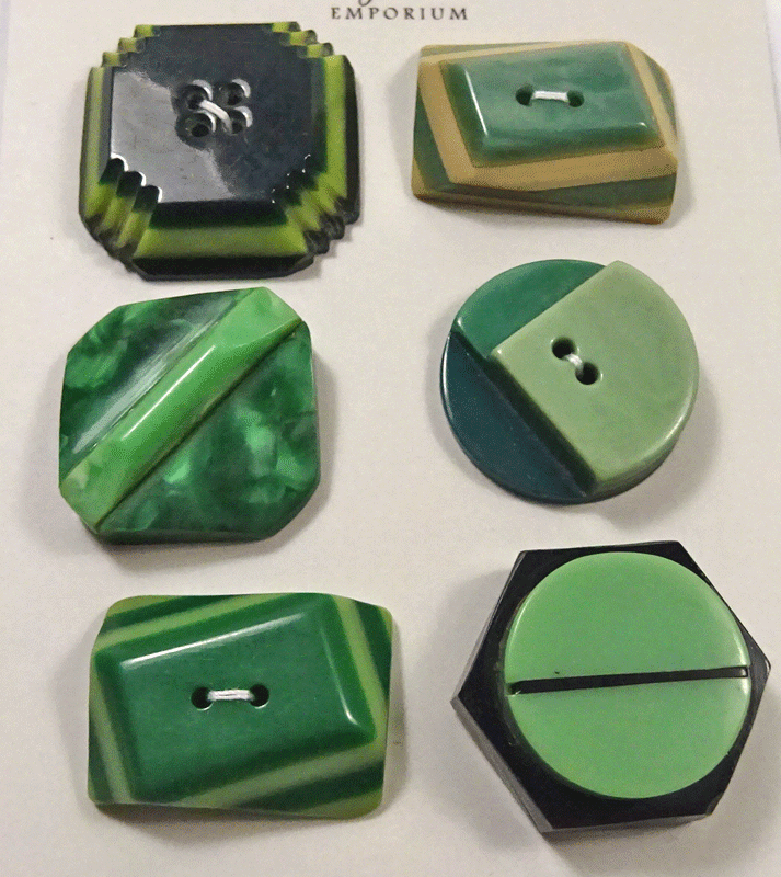Set of 6 assorted green laminated Art Deco buttons