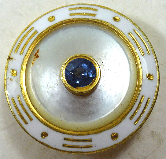 White enamel and pearl dress button with blue paste, 15k back