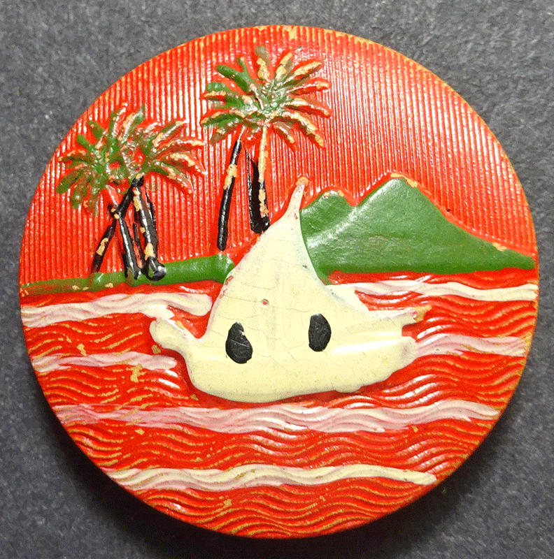 Red painted wood with sailing boat