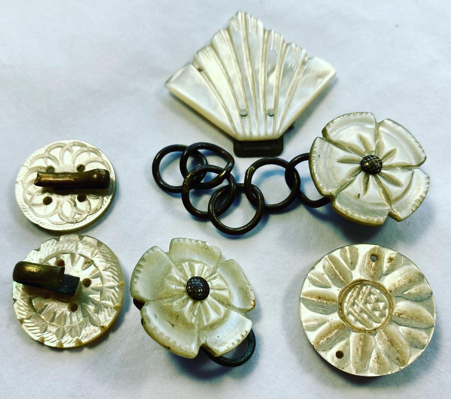 Collection of antique mother of pearl half cloak clasps or buckles.  Ideal for art journal closures, and all kinds of crafts.  Now listed on my website #motherofpearl #antiqueclasp #pearlbuckle