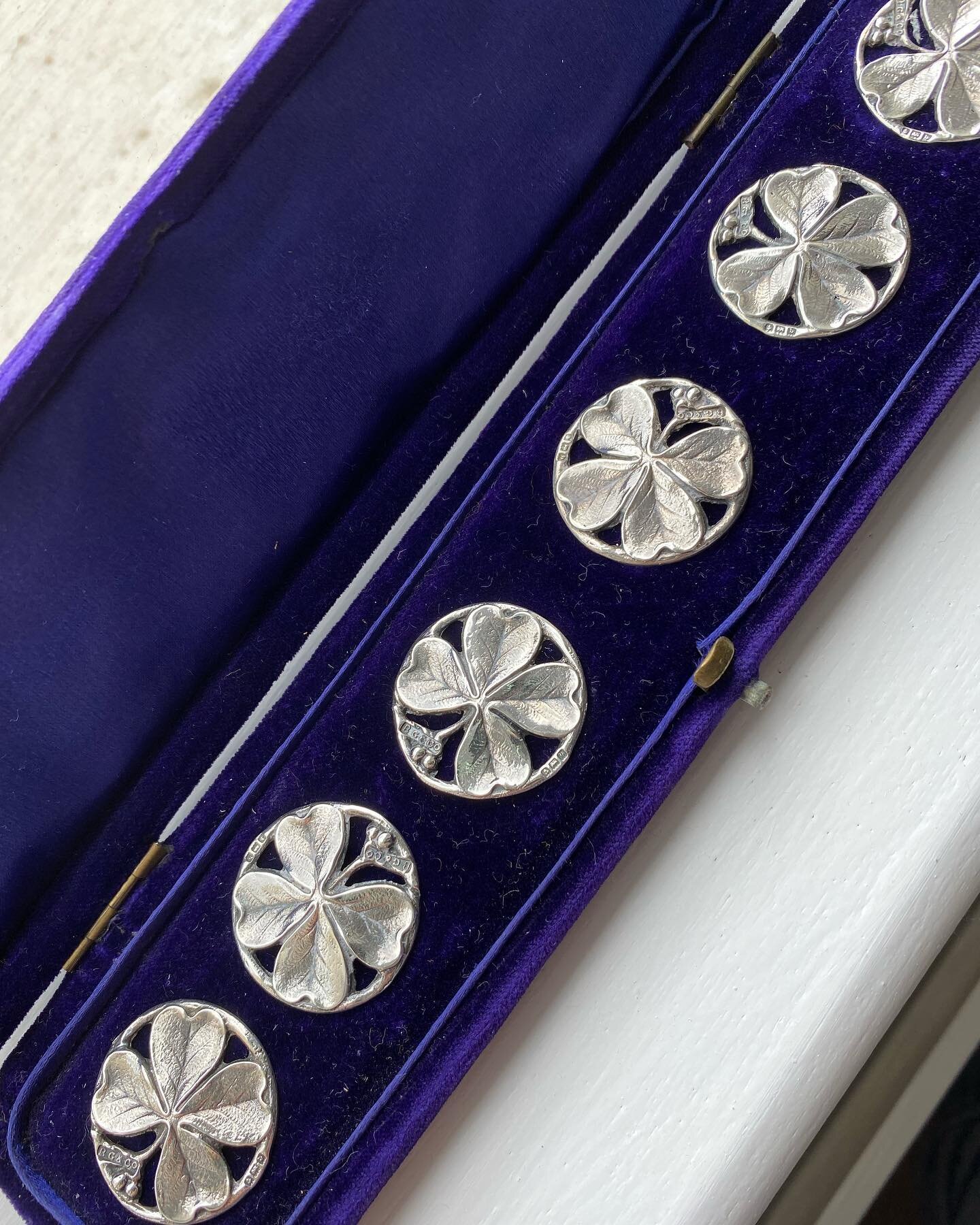 Gorgeous boxed set of English silver buttons just listed on the website #silverbuttons #boxedset #hallmarked #fourleafclover