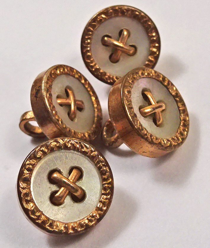 Set of 4 pearl dress buttons, gilt cross threads