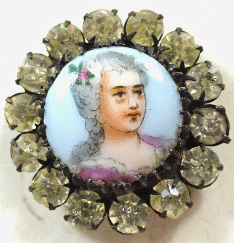 Portrait of a young lady on pale blue, paste rim