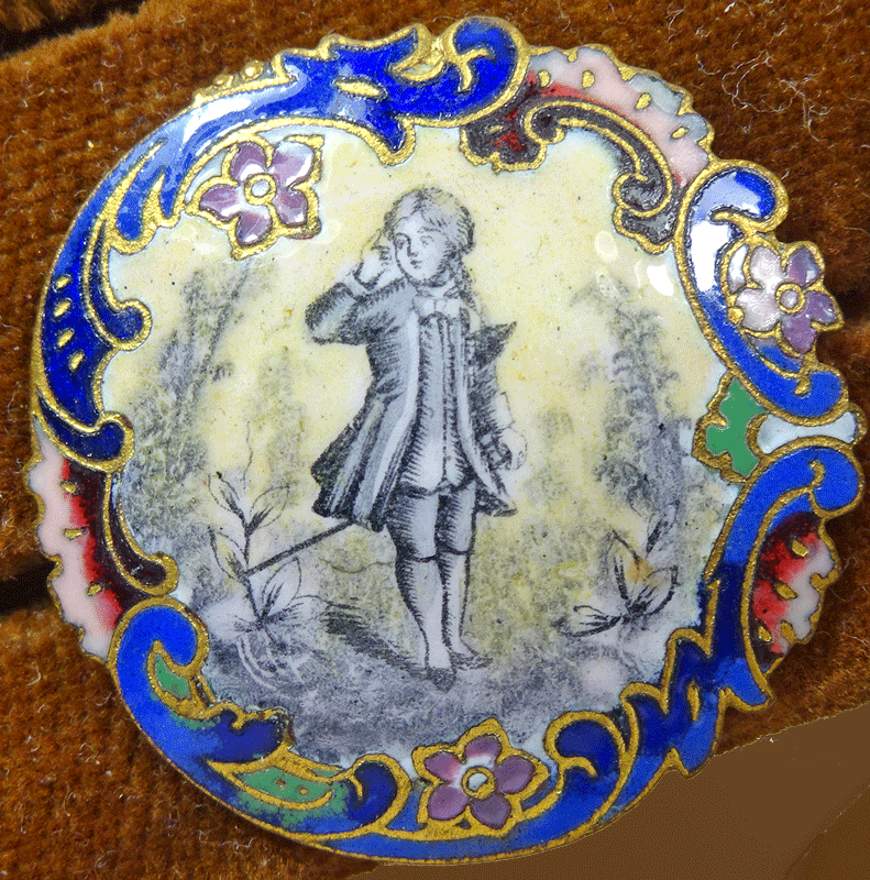 Black and white figural enamel with polychrome border