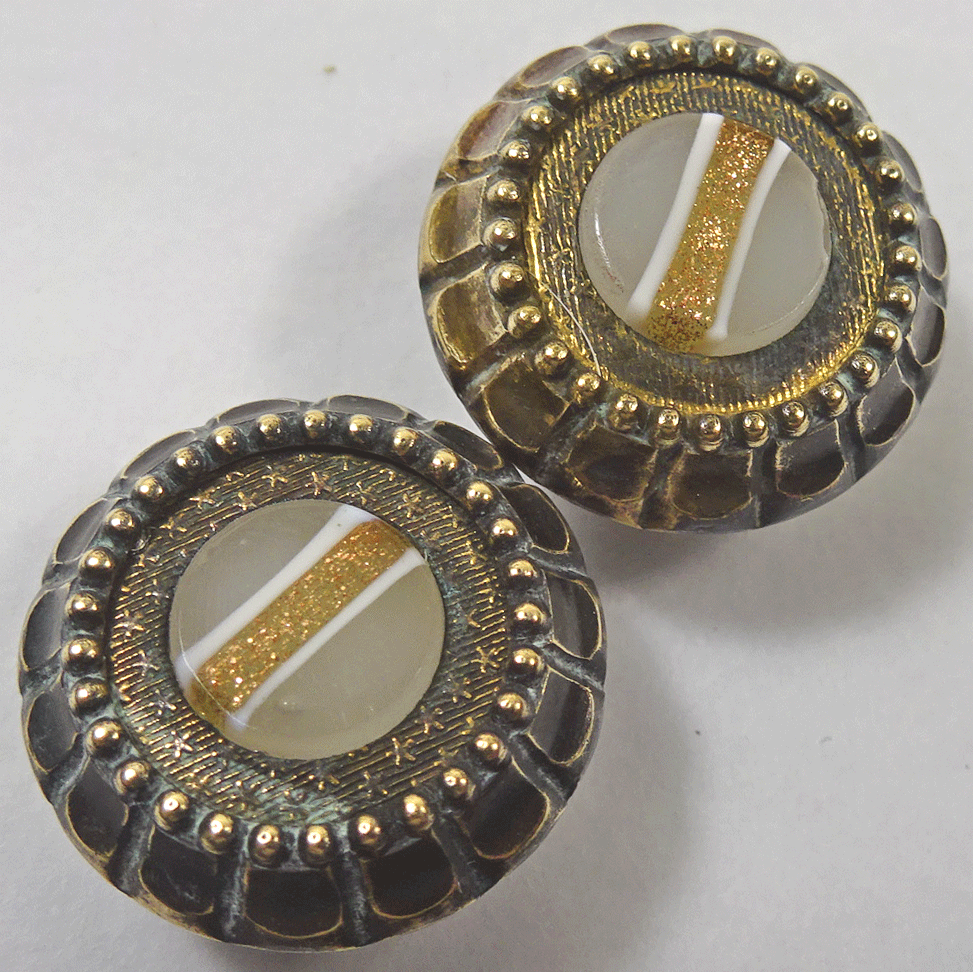 Pair of grey-gold striped glass in metal, stud buttons