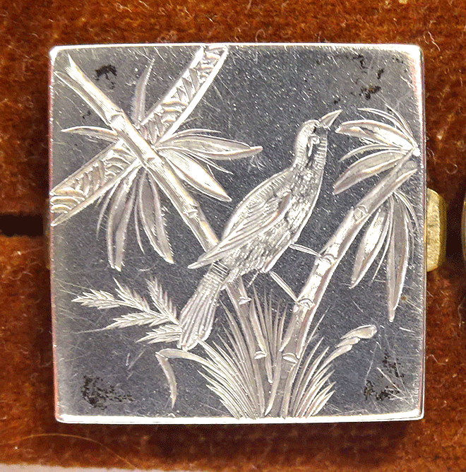Square Wests Patent solitaire with bird on bamboo