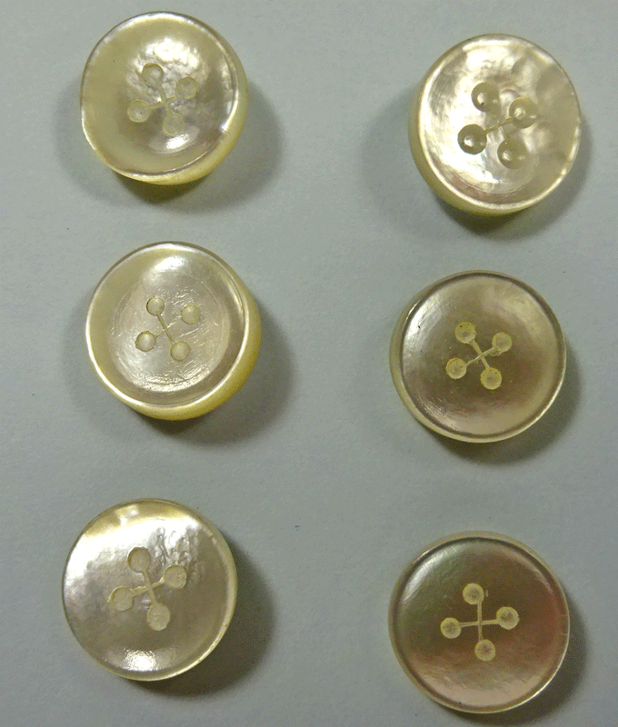 Set of 6 mother of pearl dress buttons, cross thread pattern