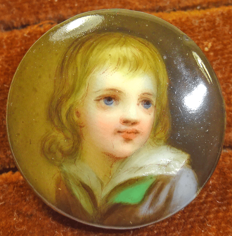 Portrait of a boy, painted on porcelain, stud shank